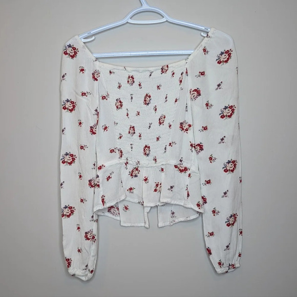 Hollister White Floral Red Button Down Square Flowy Cropped Top Women XS - Picture 3 of 10
